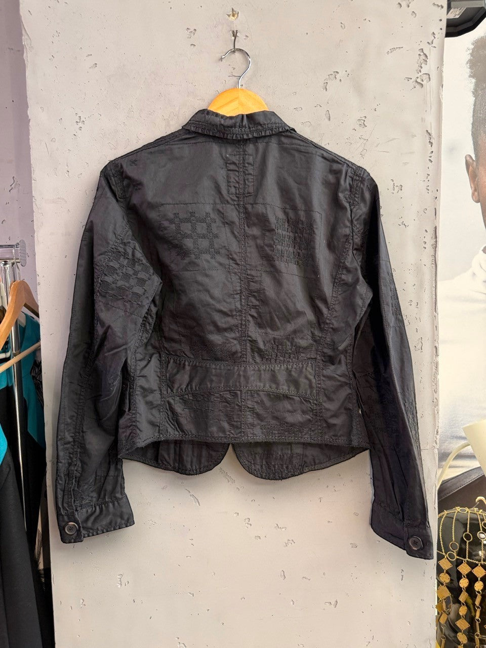 BERLIN VINTAGE CORNER black Marithé François Girbaud tailored jacket with tonal patchwork embroidery on the back
