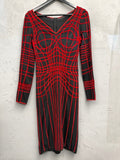 BERLIN VINTAGE CORNER black and red long-sleeved knit midi dress with V-neck and geometric grid pattern.