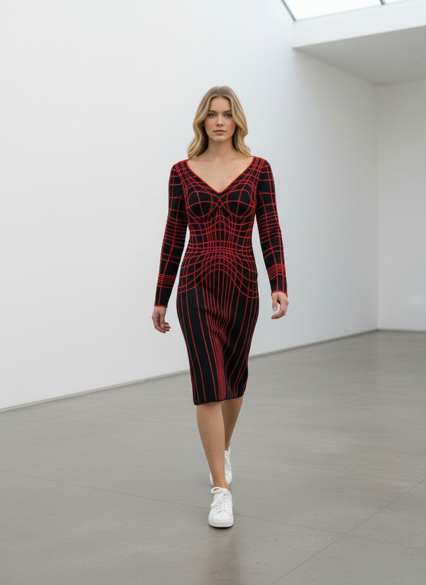 BERLIN VINTAGE CORNER black and red long sleeve midi dress with V-neck and geometric grid pattern. Knit fabric.
