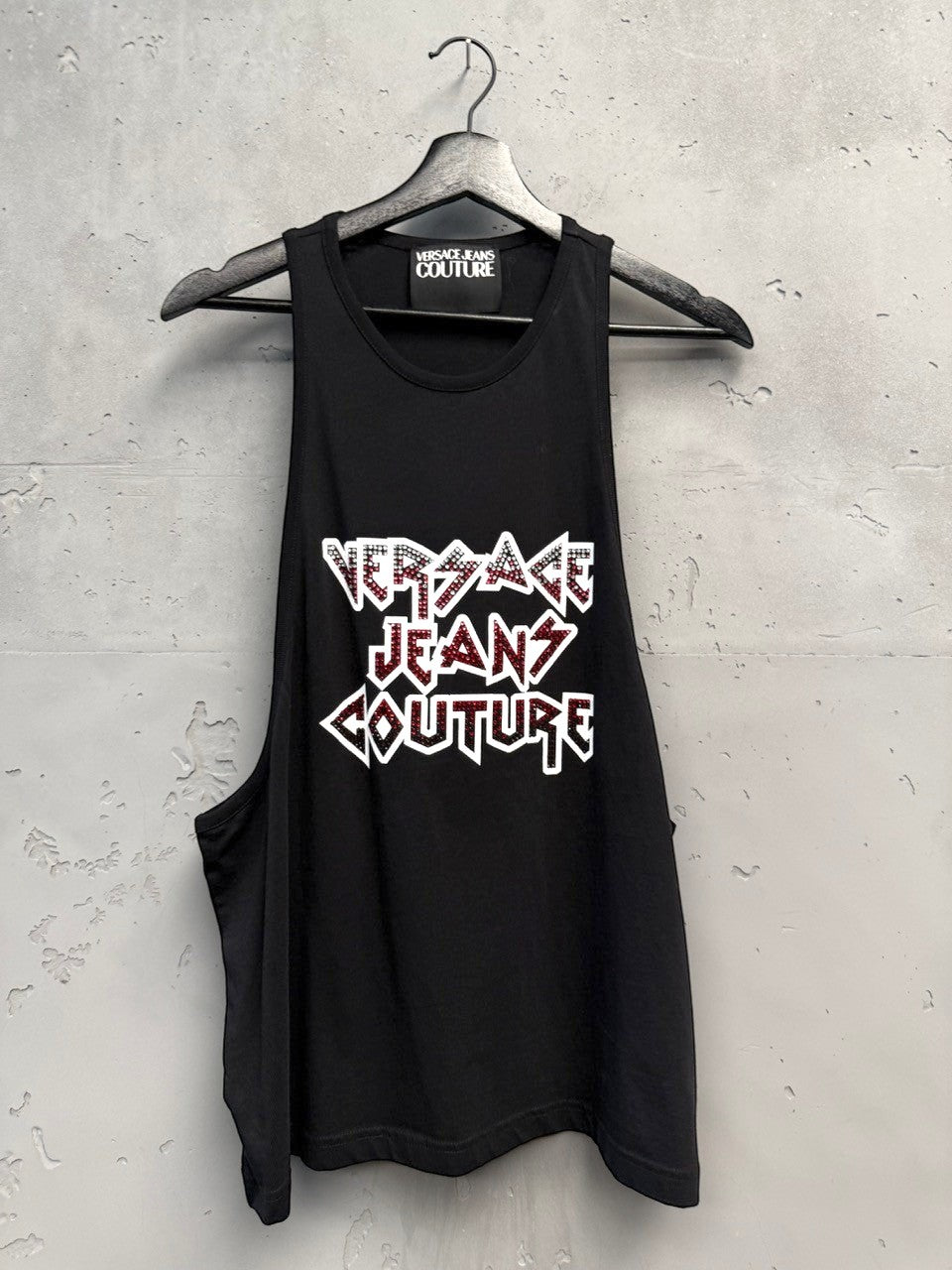 BERLIN VINTAGE CORNER black cotton tank top with rhinestone Versace Jeans Couture logo