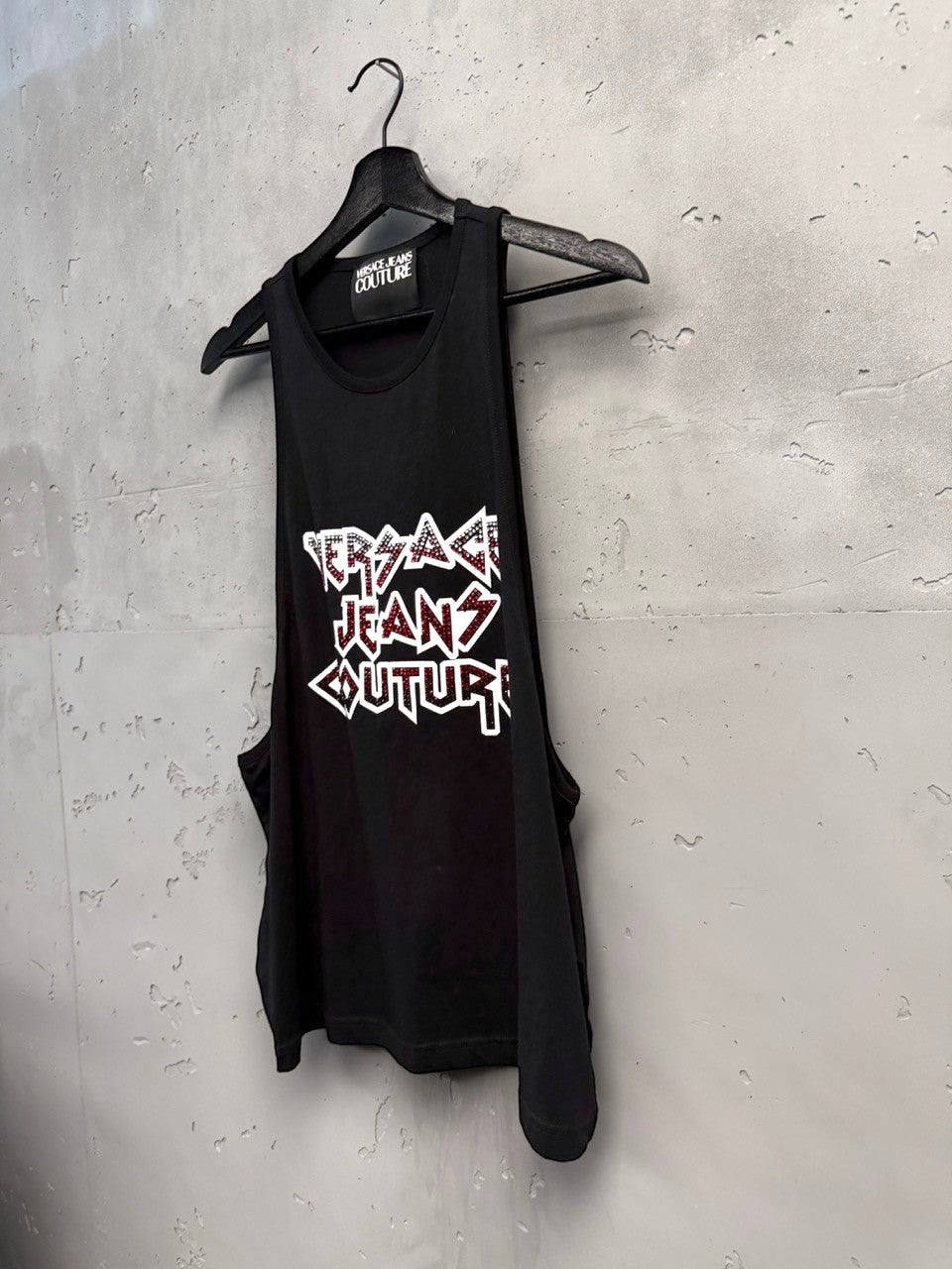 BERLIN VINTAGE CORNER black cotton tank top with rhinestone Versace Jeans Couture logo on chest. Sleeveless, relaxed fit.