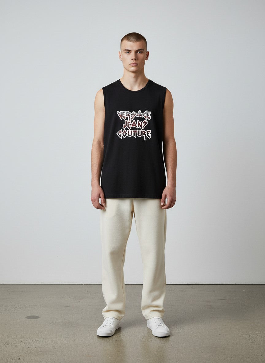 BERLIN VINTAGE CORNER black cotton tank top with rhinestone Versace Jeans Couture logo on chest. Sleeveless, relaxed fit.