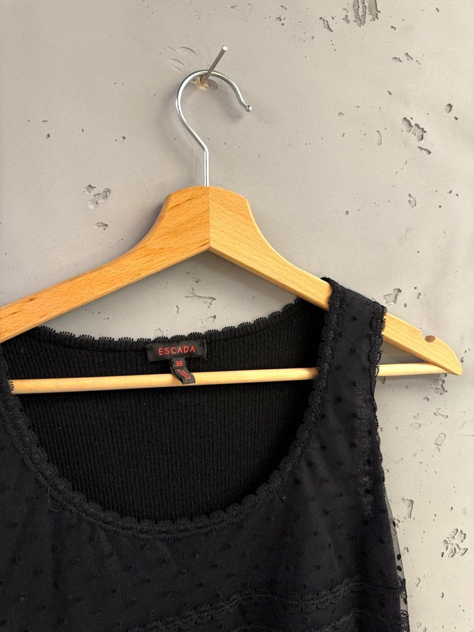 BERLIN VINTAGE CORNER black ribbed knit tank top with sheer polka dot overlay and lace trim