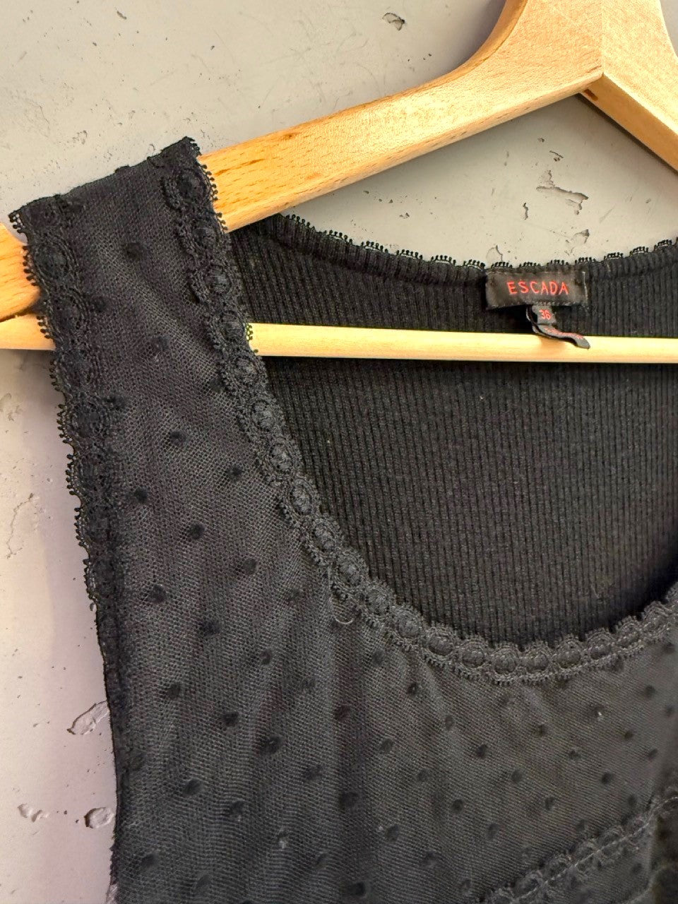 BERLIN VINTAGE CORNER black ribbed knit tank top with sheer polka dot overlay and lace trim