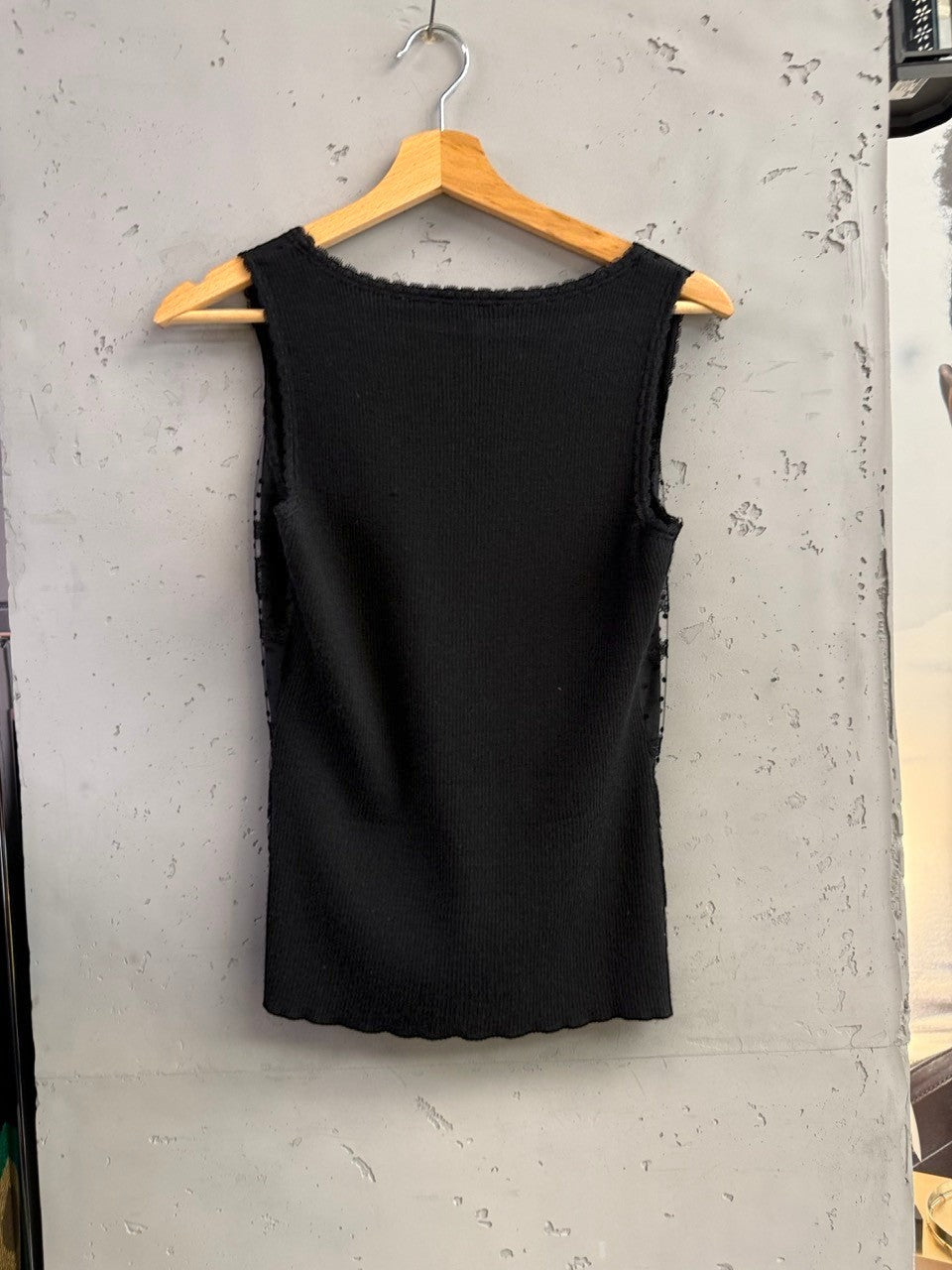 BERLIN VINTAGE CORNER black ribbed knit tank top with sheer polka dot overlay and lace trim