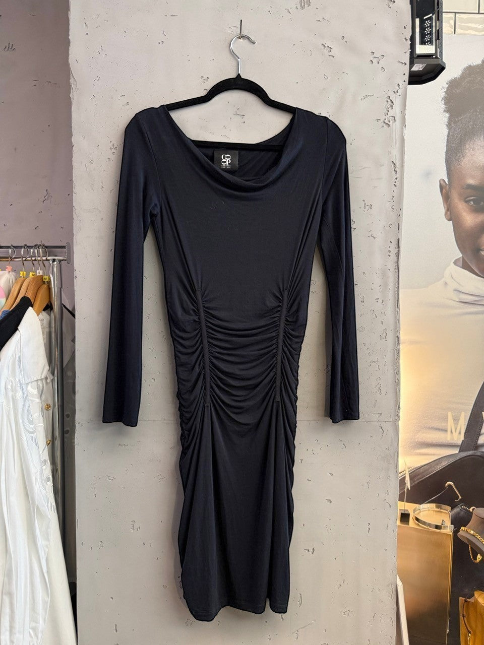 BERLIN VINTAGE CORNER black long sleeve ruched bodycon dress with cowl neckline