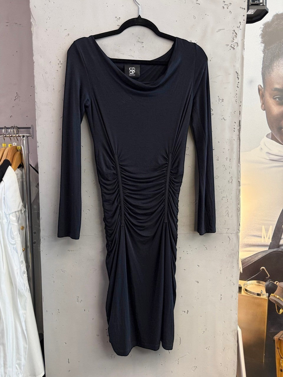BERLIN VINTAGE CORNER black long sleeve ruched bodycon dress with cowl neckline
