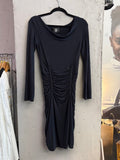 BERLIN VINTAGE CORNER black long sleeve ruched bodycon dress with cowl neckline