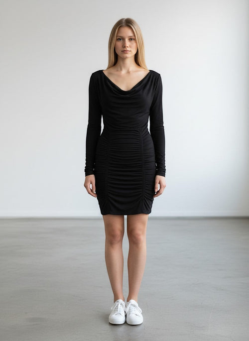 BERLIN VINTAGE CORNER black long sleeve ruched bodycon dress with cowl neckline