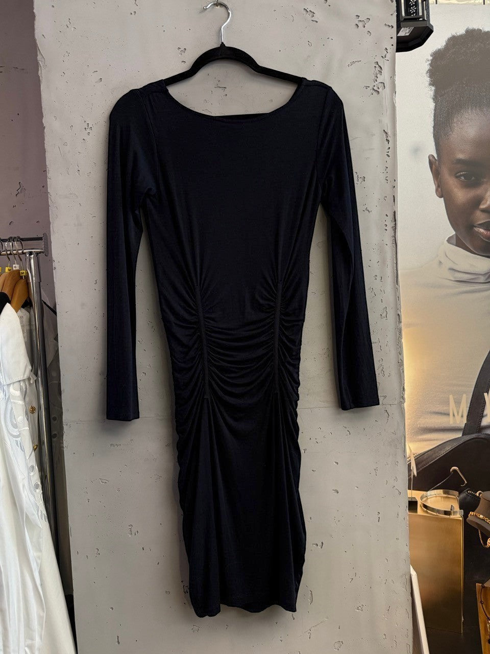 BERLIN VINTAGE CORNER black long sleeve ruched bodycon dress with cowl neckline