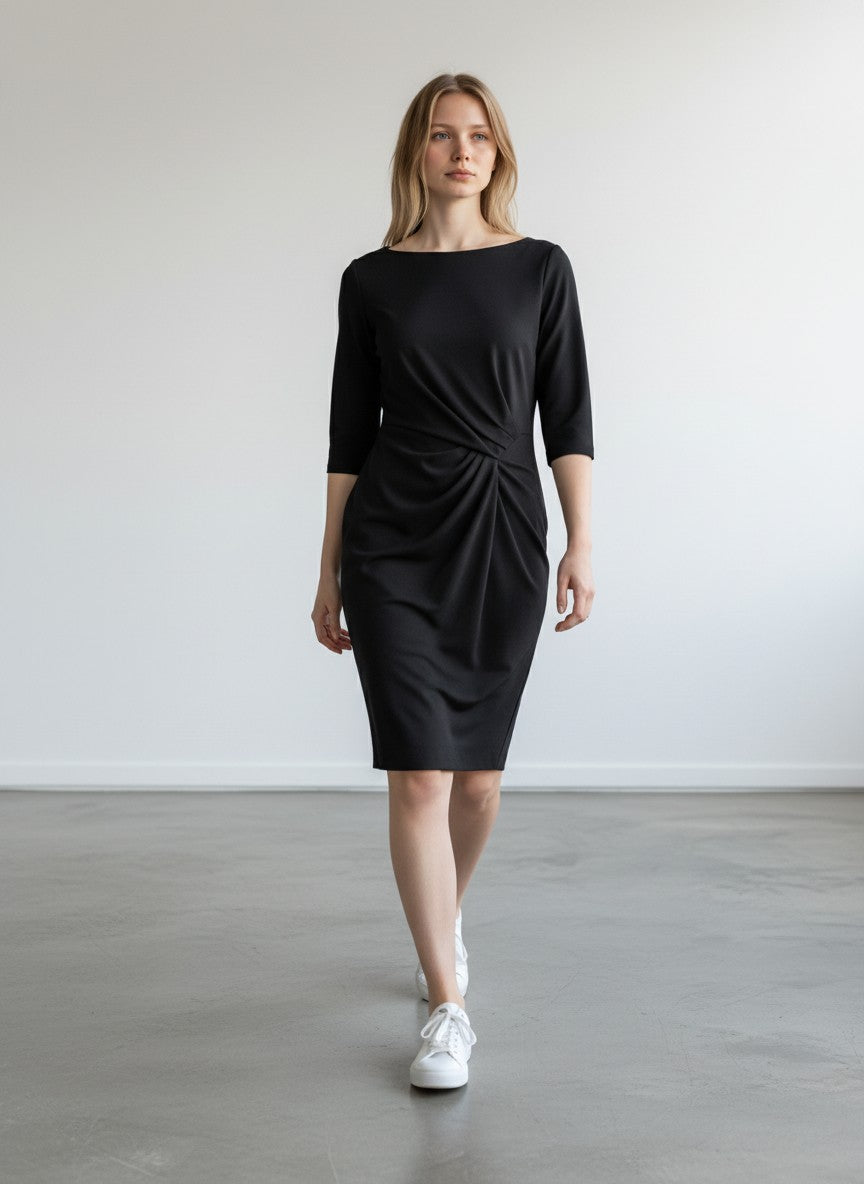 BERLIN VINTAGE CORNER elegant black three-quarter sleeve ruched midi dress with boat neckline.
