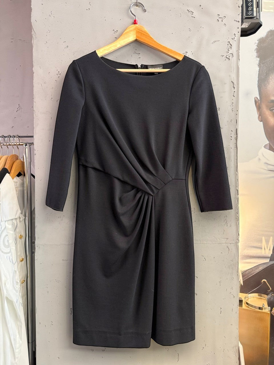 BERLIN VINTAGE CORNER black three-quarter sleeve ruched midi dress with boat neckline and concealed back zipper.