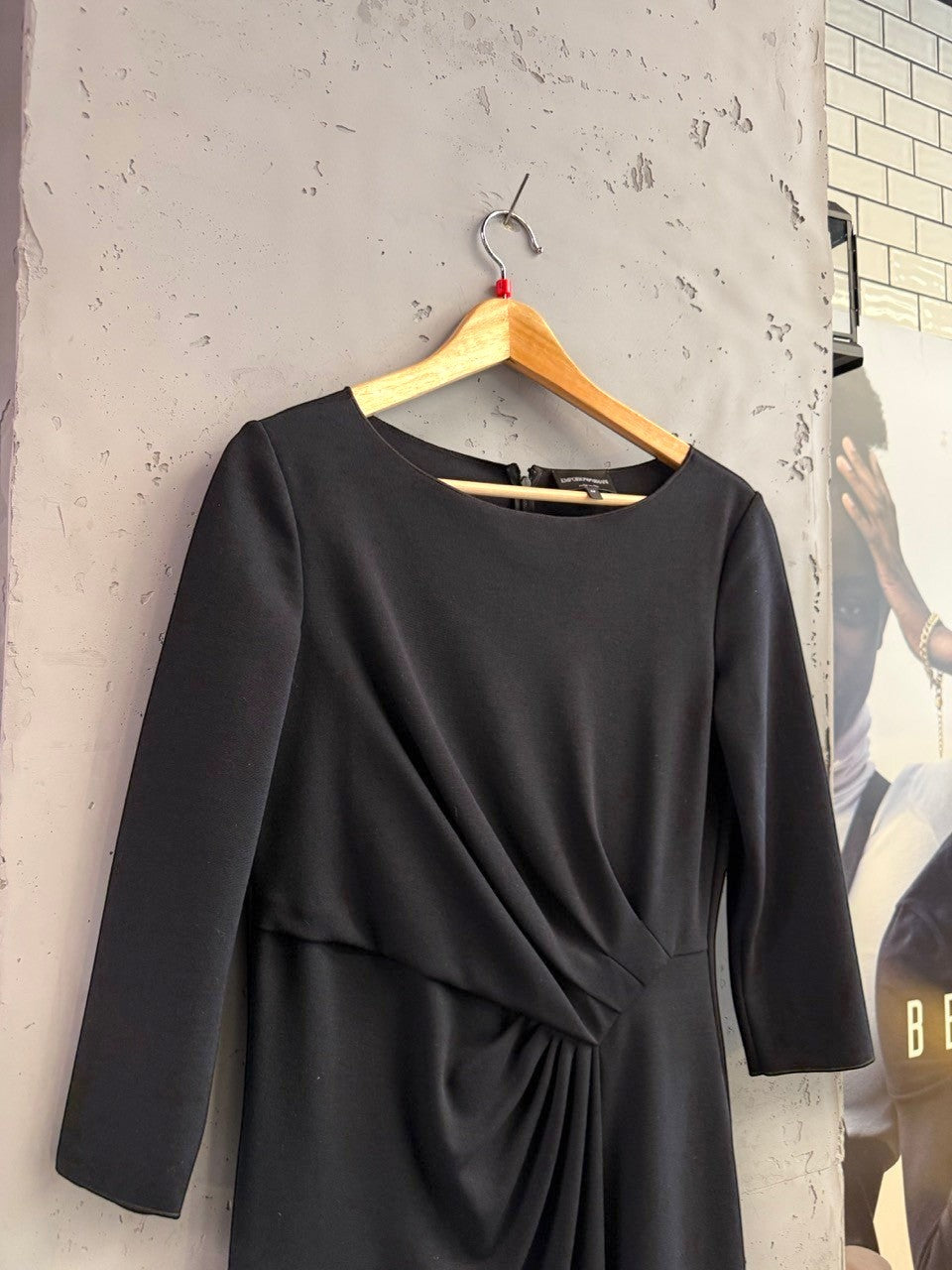 BERLIN VINTAGE CORNER black three-quarter sleeve ruched midi dress with boat neckline.