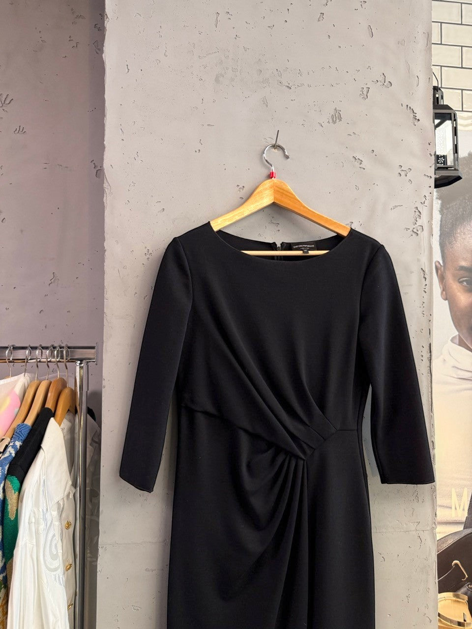 BERLIN VINTAGE CORNER black three-quarter sleeve ruched midi dress with boat neckline and concealed back zipper.