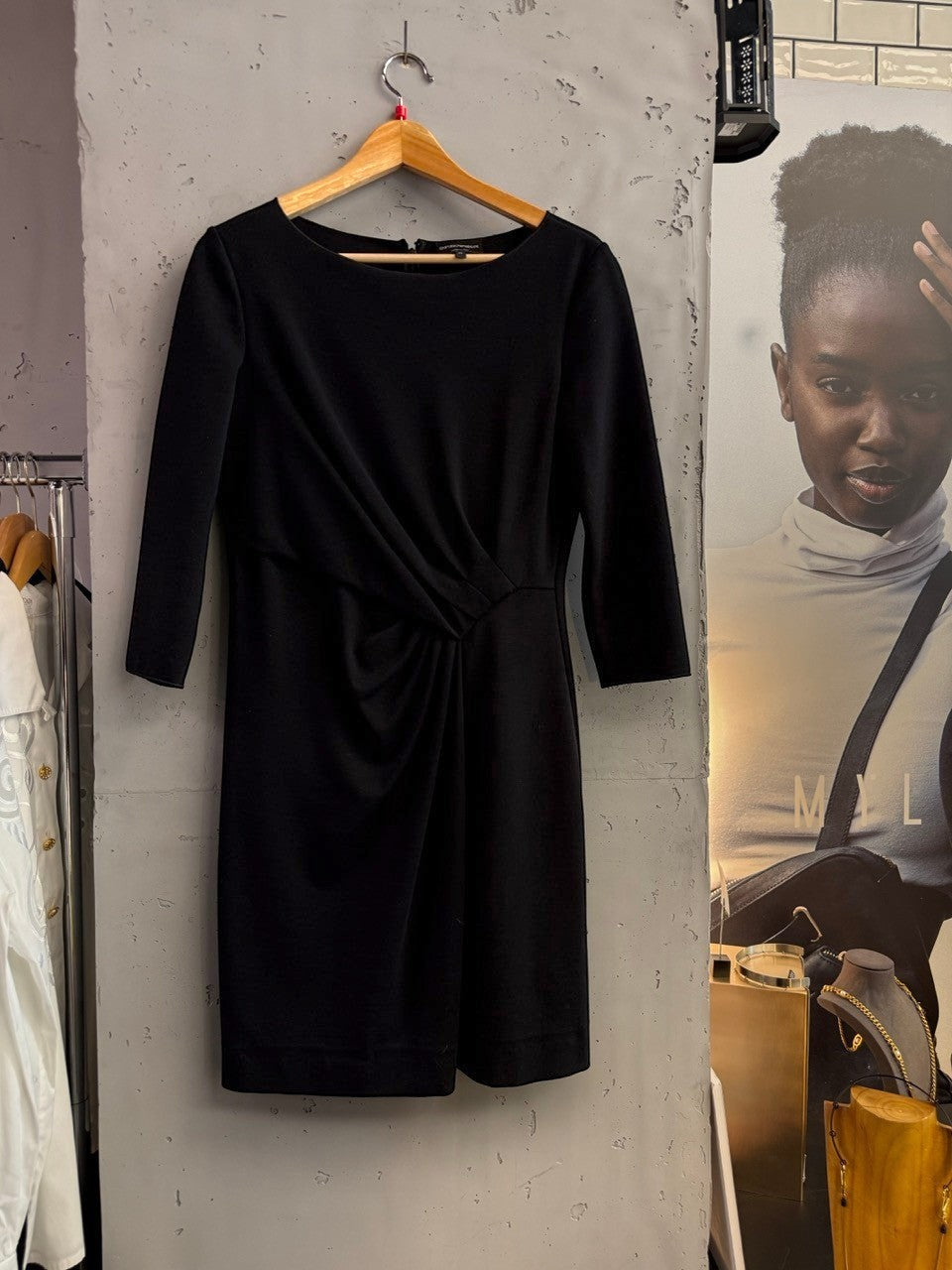 BERLIN VINTAGE CORNER black three-quarter sleeve ruched midi dress with boat neckline.