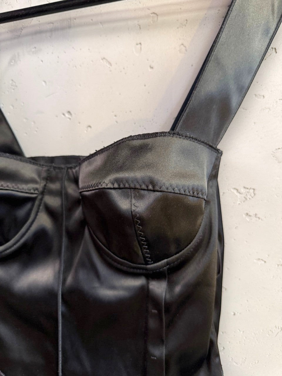 BERLIN VINTAGE CORNER black satin corset tank top with structured molded cups and wide straps