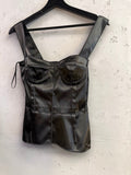BERLIN VINTAGE CORNER black satin corset tank top with molded cups and wide straps on a hanger