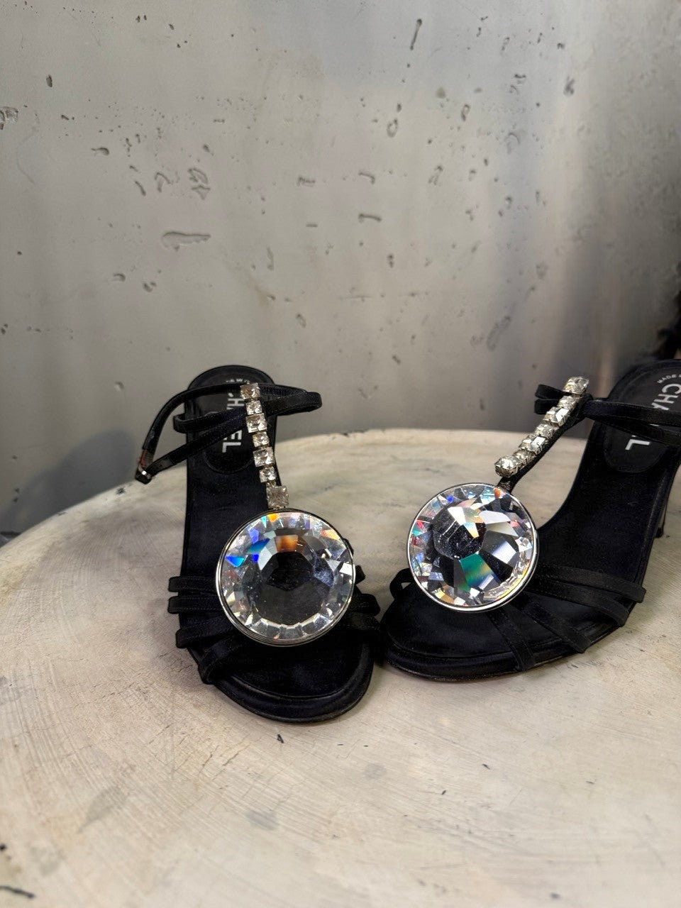 BERLIN VINTAGE CORNER black satin heeled sandals with crystal embellishments and strappy design.