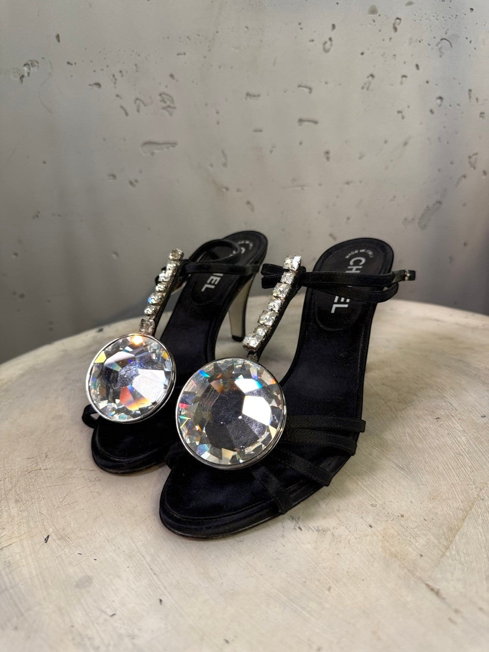 BERLIN VINTAGE CORNER black satin heeled sandals with crystal embellishments and strappy design.