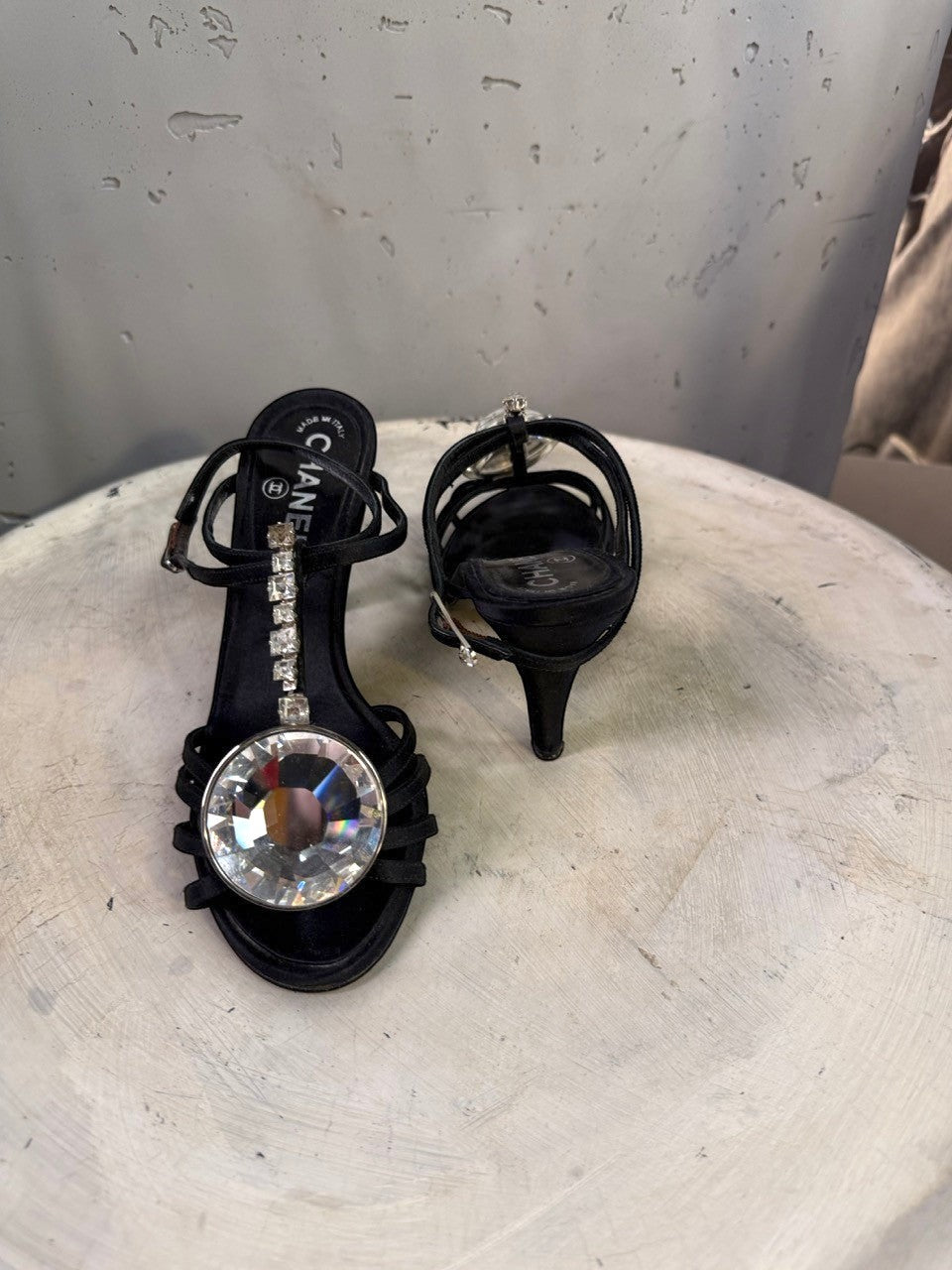 BERLIN VINTAGE CORNER black satin heeled sandals with crystal embellishments and strappy design.