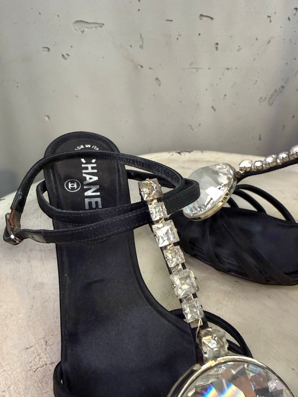 BERLIN VINTAGE CORNER black satin heeled sandals with crystal embellishments and ankle strap.