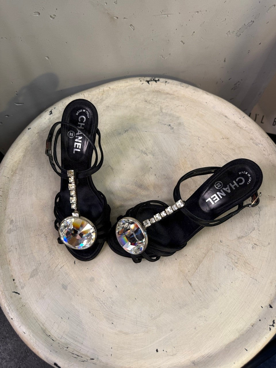 BERLIN VINTAGE CORNER black satin heeled sandals with crystal embellishments and strappy design.
