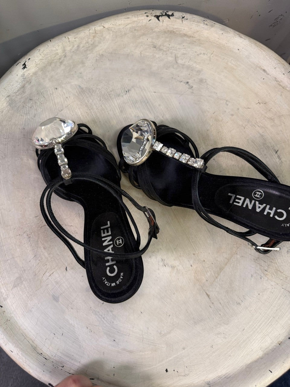 BERLIN VINTAGE CORNER black satin heeled sandals with crystal embellishments and ankle straps.