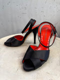 BERLIN VINTAGE CORNER black satin strappy high heel sandals with red leather lining and buckle closure.