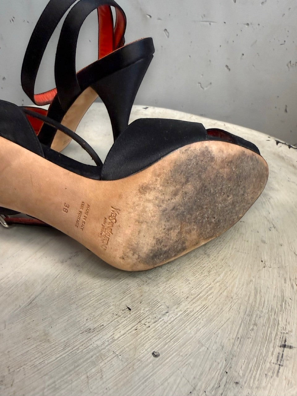 BERLIN VINTAGE CORNER black satin strappy high heel sandals with red leather lining and buckle closure.