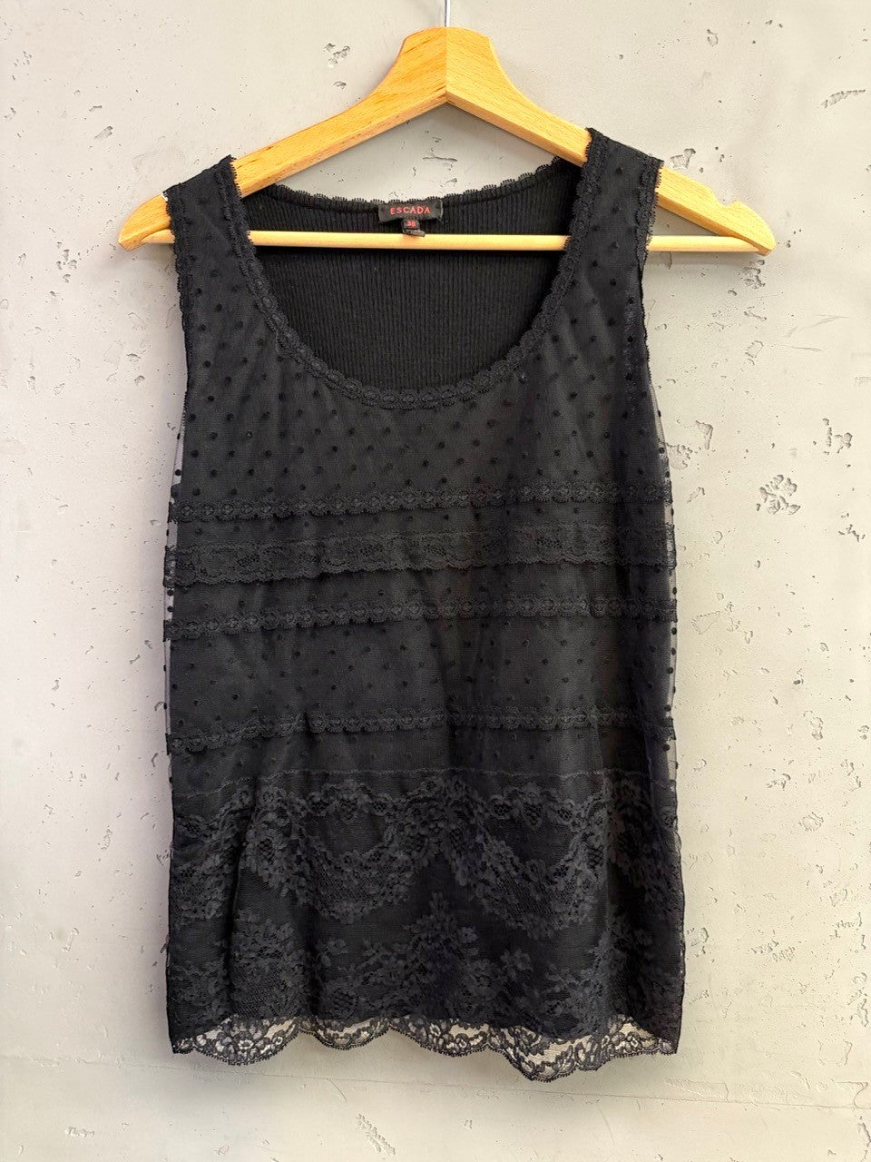BERLIN VINTAGE CORNER black ribbed knit tank top with sheer polka dot overlay and lace trim