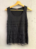 BERLIN VINTAGE CORNER black ribbed knit tank top with sheer polka dot overlay and lace trim