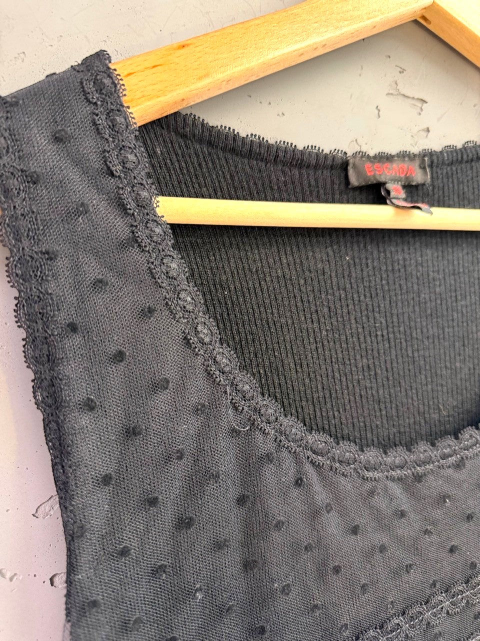 BERLIN VINTAGE CORNER black ribbed knit tank top with sheer polka dot overlay and lace trim