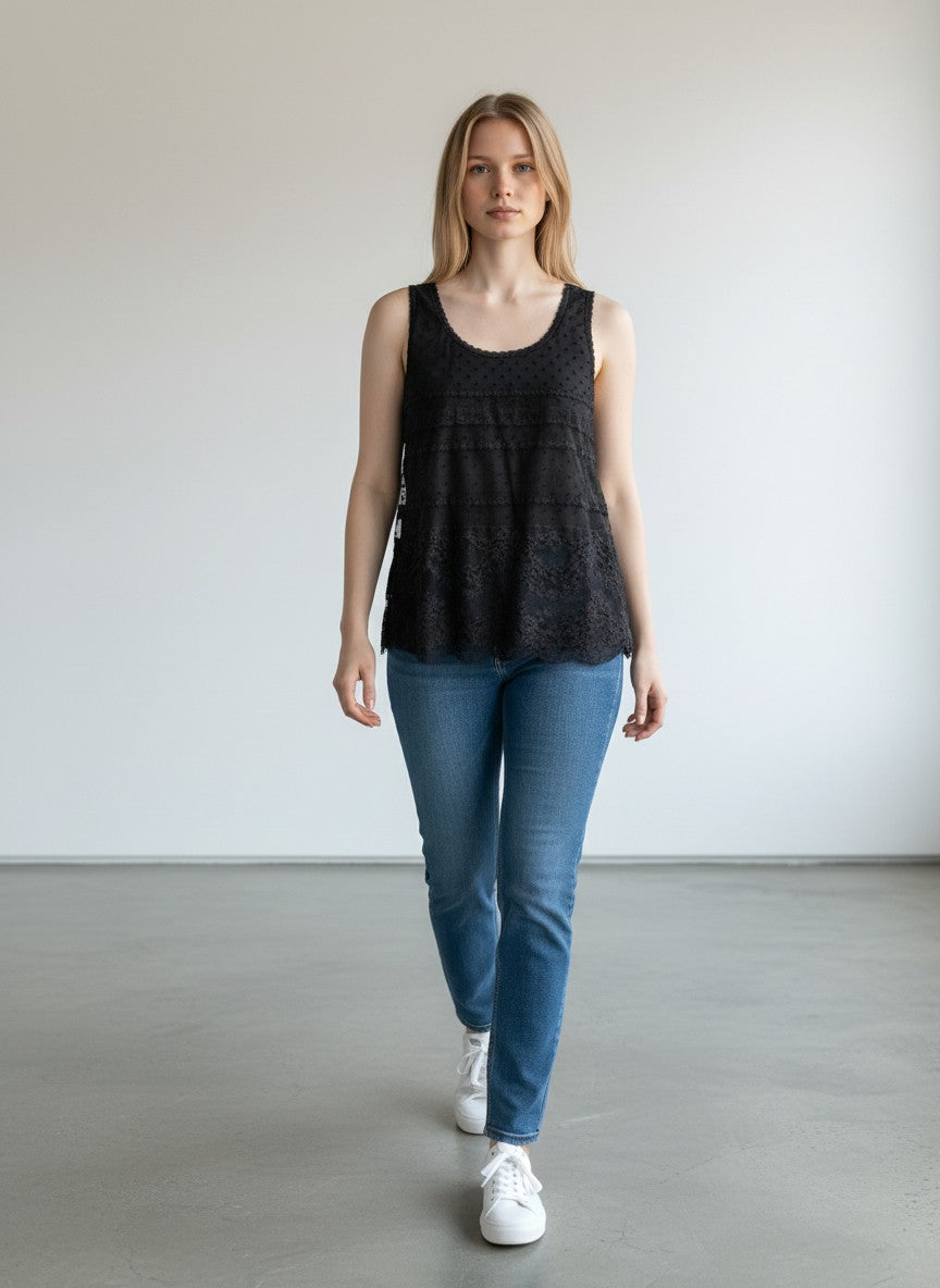 BERLIN VINTAGE CORNER black ribbed tank top with sheer polka dot overlay and lace trim