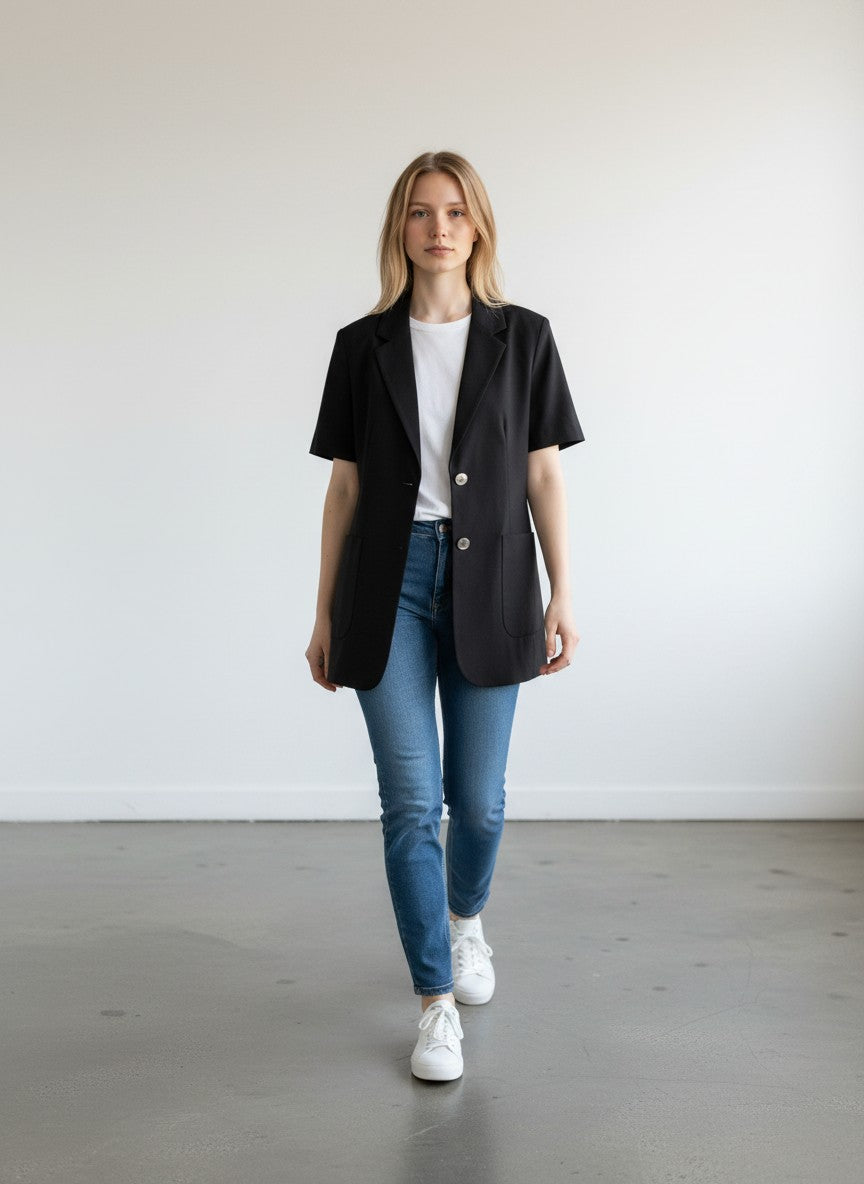 BERLIN VINTAGE CORNER black short sleeve blazer with lapel and single button closure, cotton blend.