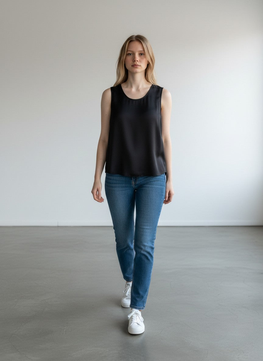 BERLIN VINTAGE CORNER black 100% silk sleeveless scoop neck tank top with a relaxed fit and subtle sheen.