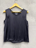BERLIN VINTAGE CORNER black 100% silk sleeveless tank top with scoop neckline and relaxed fit.