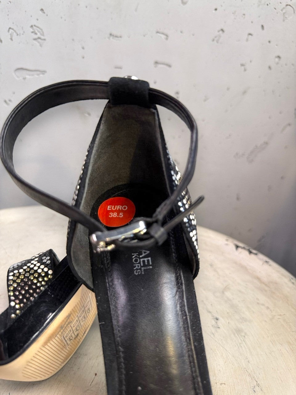 BERLIN VINTAGE CORNER black suede stiletto heels with rhinestone embellished ankle strap and open toe.