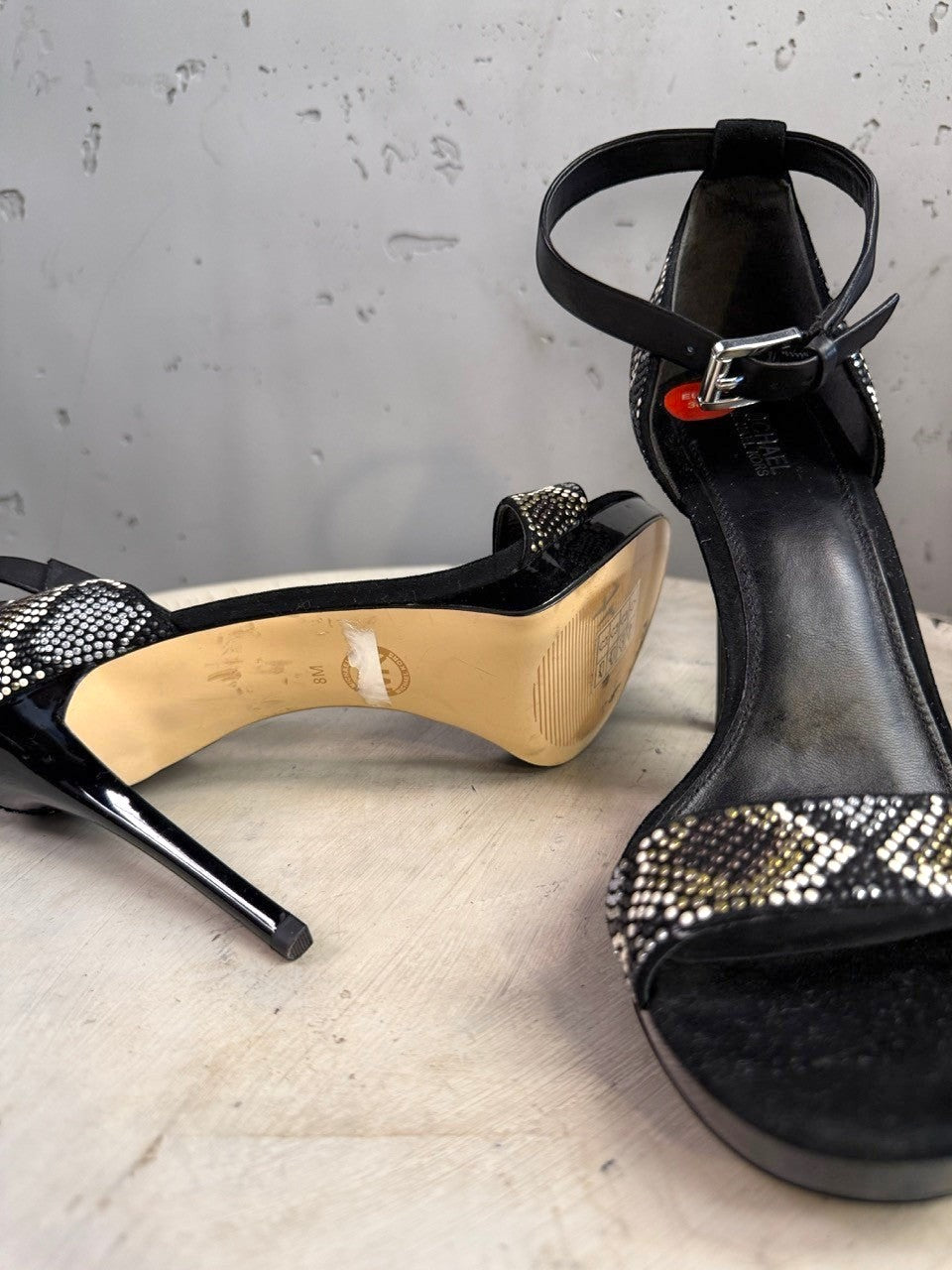 BERLIN VINTAGE CORNER black suede stiletto heels with rhinestone embellished ankle strap and open toe.