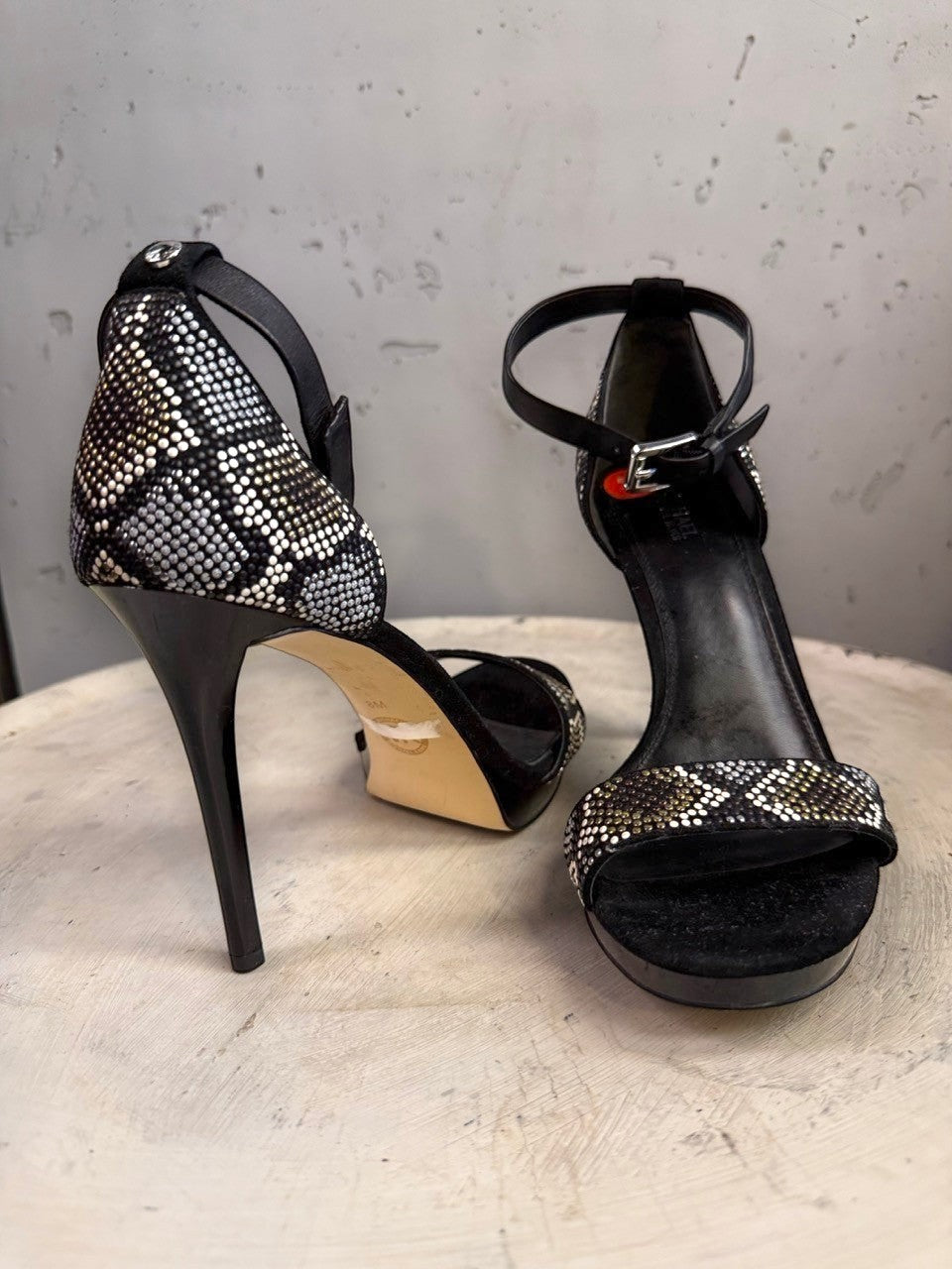 BERLIN VINTAGE CORNER black suede stiletto heels with rhinestone snake print ankle strap and open toe.