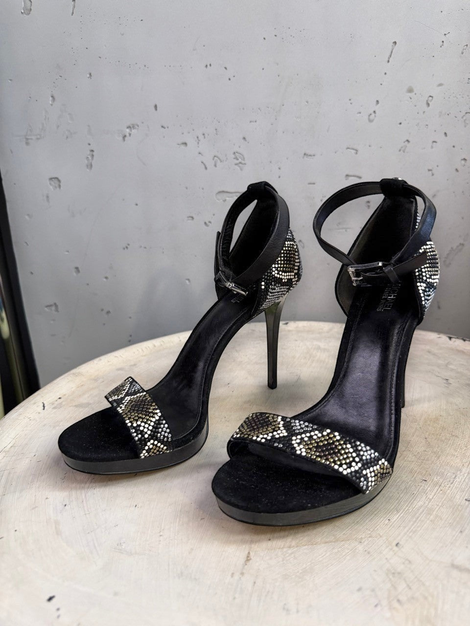 BERLIN VINTAGE CORNER black suede stiletto heels with rhinestone snake-print ankle strap and open toe.