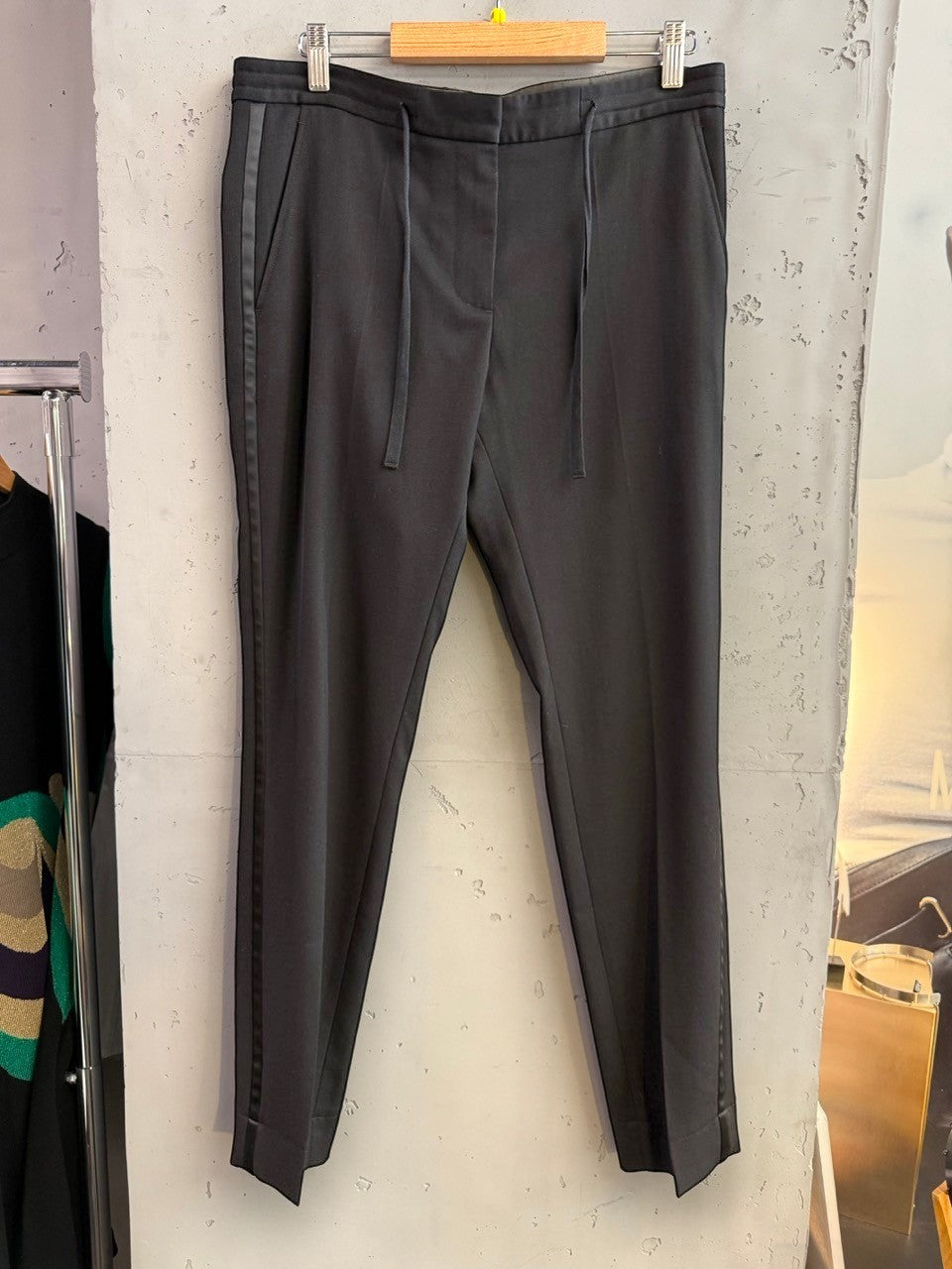 BERLIN VINTAGE CORNER black tailored dress pants with satin side stripe detail and drawstring waist.
