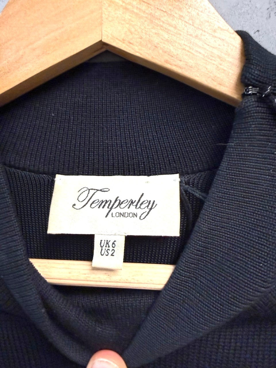 BERLIN VINTAGE CORNER black knit dress by Temperley London with high neckline and long sleeves, size UK 6 US 2.