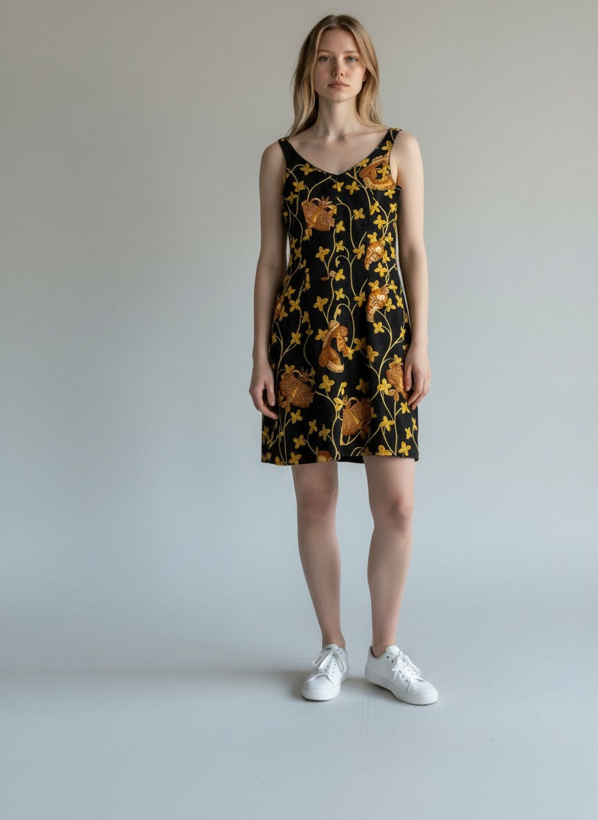 BERLIN VINTAGE CORNER black sleeveless mini dress with gold tribal and floral print, V-neckline.