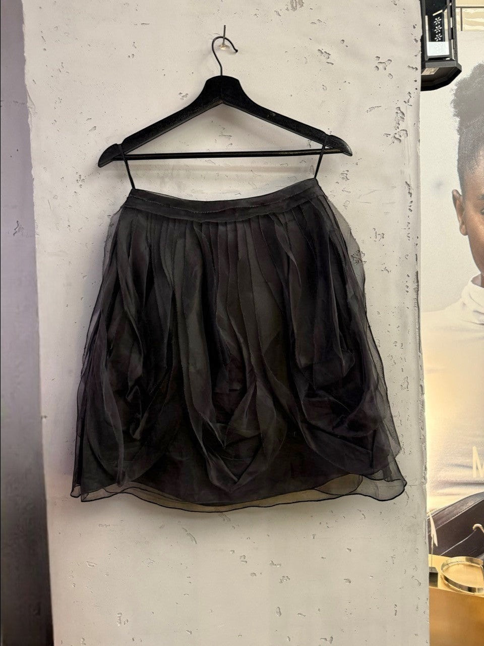 BERLIN VINTAGE CORNER black tulle layered skirt with ruched detailing and A-line cut.