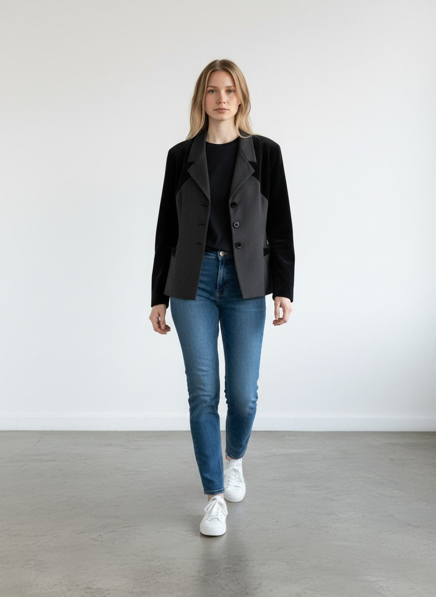 BERLIN VINTAGE CORNER black blazer with velvet sleeves and trim, textured body, notched lapel, and three button closure.