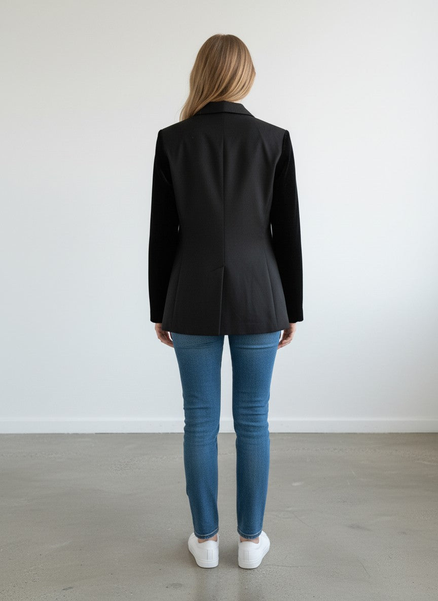 BERLIN VINTAGE CORNER black velvet and textured woven blazer with notched lapel and three button closure.
