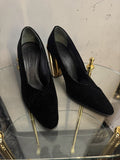 BERLIN VINTAGE CORNER Jil Sander black velvet pointed-toe pumps with architectural metallic gold block heels.