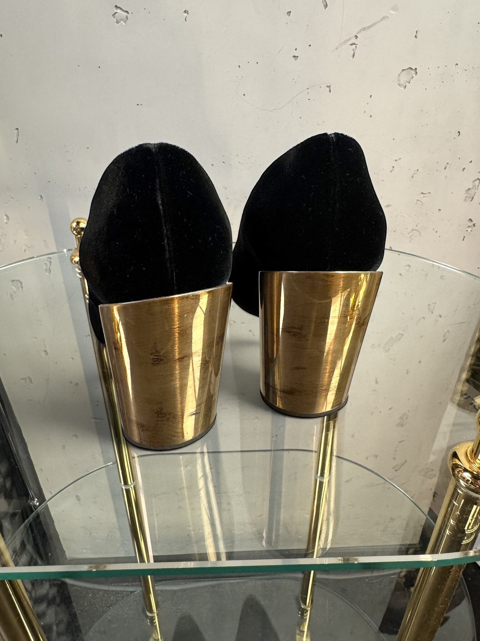 BERLIN VINTAGE CORNER Jil Sander black velvet pumps with architectural metallic gold block heels, rear view