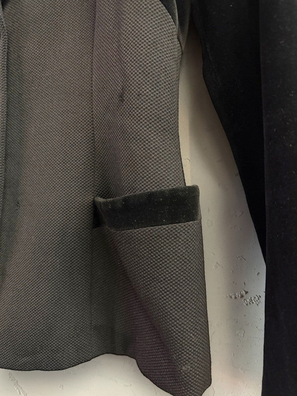BERLIN VINTAGE CORNER black textured blazer jacket with velvet trim on pockets and lapels.