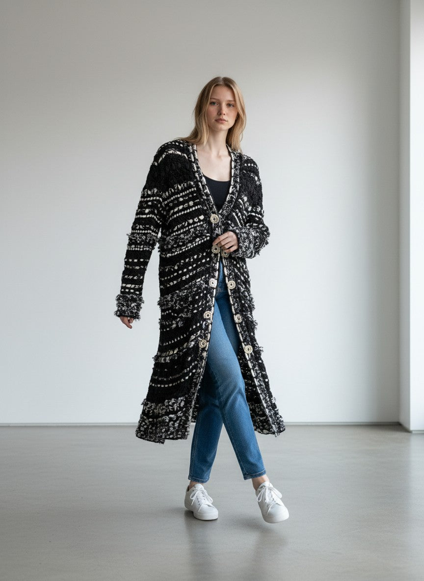 BERLIN VINTAGE CORNER black and white open-weave knit longline cardigan with fringe details and button closures.